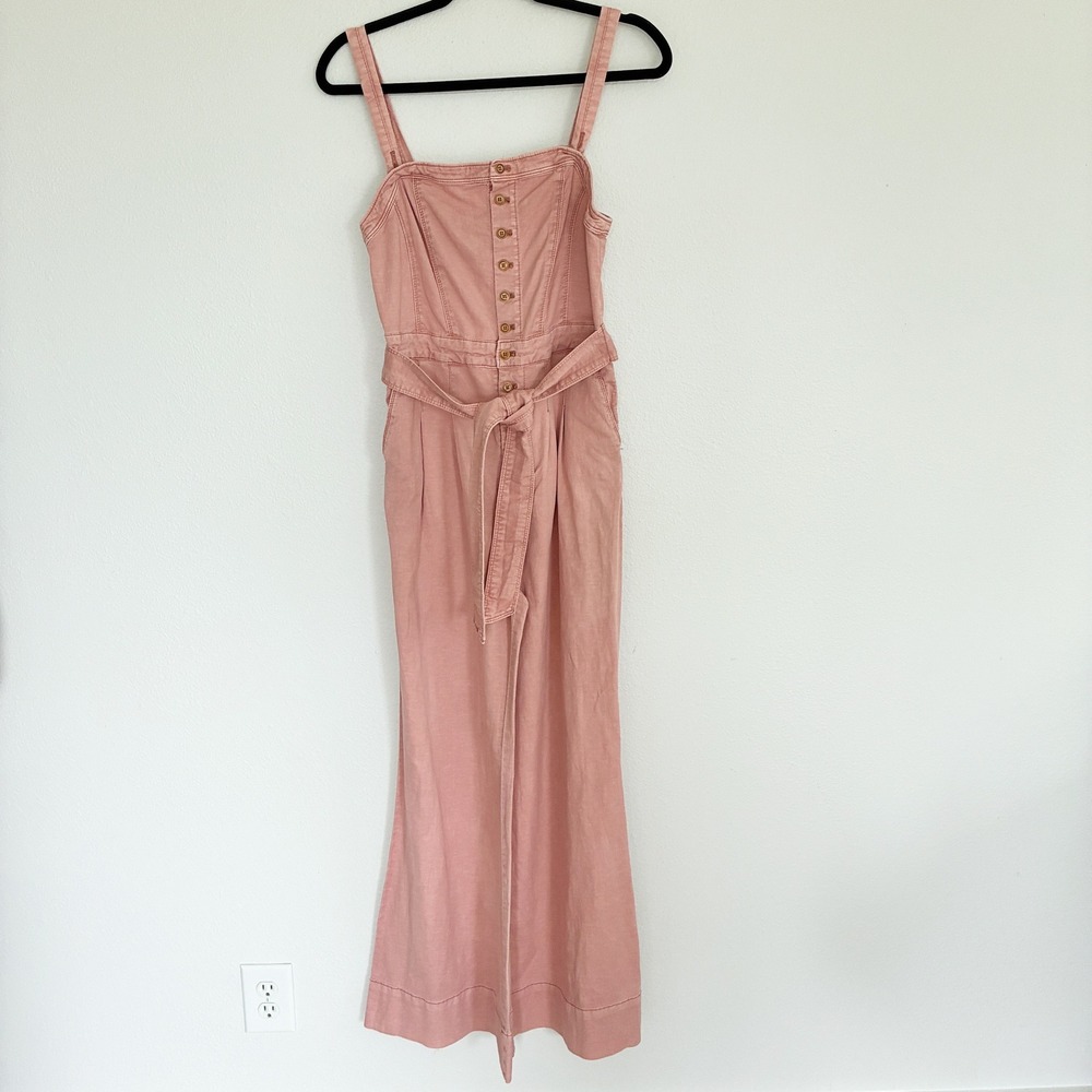 Pilcro Desmond Jumpsuit Womens 2 Pink Linen Cotton Blend Wide Leg Anthropologie